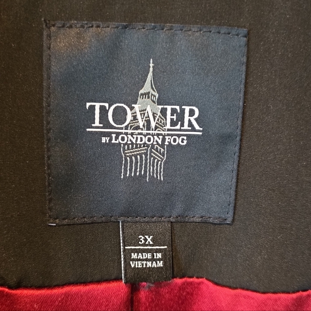 Plus Size 3X Tower By LONDON FOG Black Trench Coat Removeable Hood WORN ONCE - Picture 2 of 6